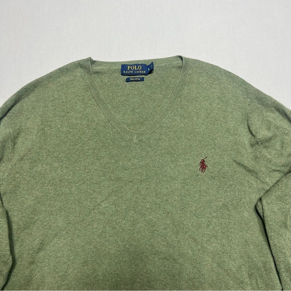 Polo Ralph Lauren Sweater Mens Large Green Lightweight Pima Cotton Knit V-Neck - Picture 2 of 7